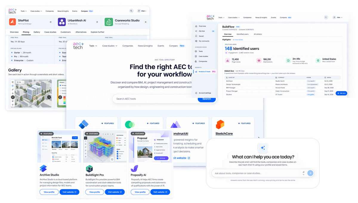 aec+tech tool pages, comparisons, analytics and the Ace assistant